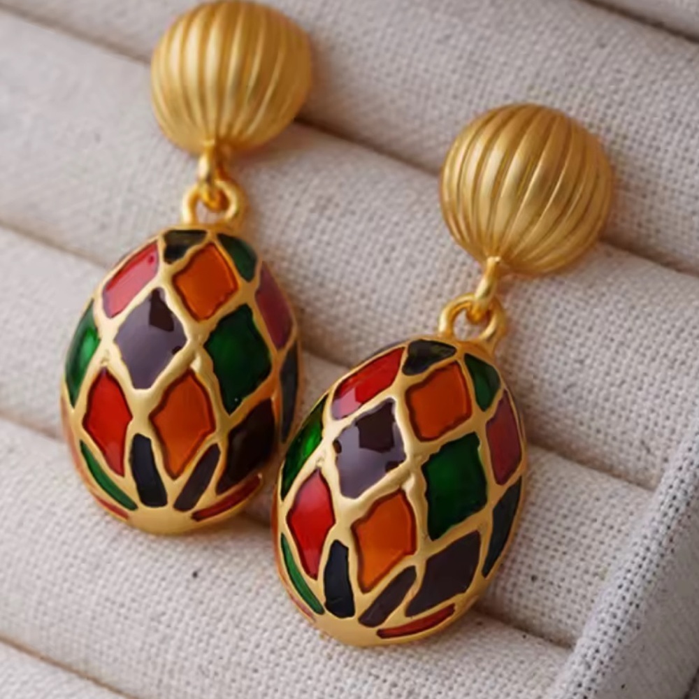Vintage Harlequin Enamel Drop Earrings - Picture 3 of 6